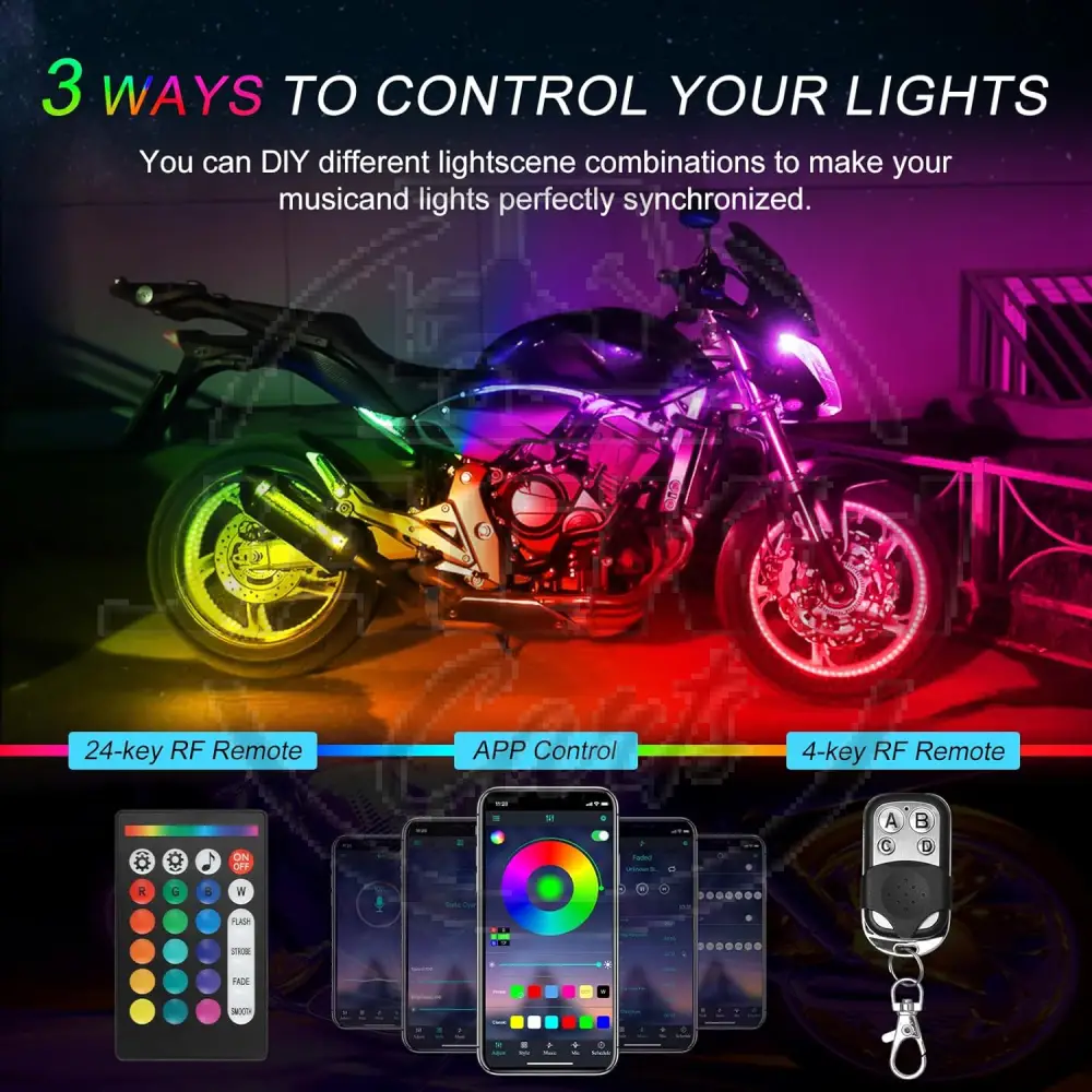 12 Pcs Motorcycle LED Light Kit, APP Control RGB Motorcycle LED Lights 16 Million Color Dual Remote Brake Light Music Mode IP68 Waterproof Motorcycle Lights with Power Switch - Image 3